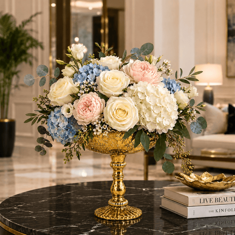 Gold Desiray Glass Compote with blue hydrangeas and pastel roses on a black marble table - thumbnail number 10