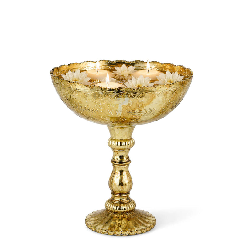 Gold Desiray Glass Compote bowl with floating white flowers and tea light candles - thumbnail number 5