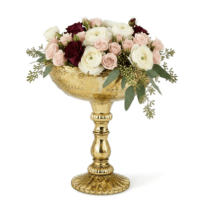 Gold Desiray glass compote with ranunculus and roses floral arrangement - thumbnail number 2