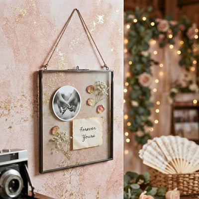 Hanging metal double glass frame holding romance-themed photos and petals - thumbnail number 2