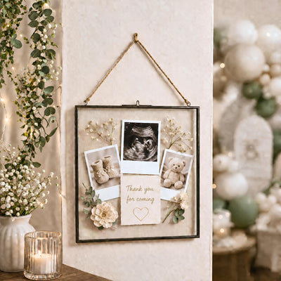 Hanging metal double glass frame holding baby sonogram and photos - thumbnail number 5