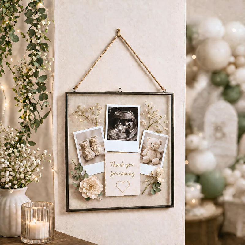 Hanging metal double glass frame holding baby sonogram and photos - thumbnail number 5