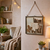 Hanging metal double glass frame holding vintage photos, letters, and leaves - thumbnail number 7