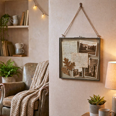 Hanging metal double glass frame holding vintage photos, letters, and leaves - thumbnail number 7