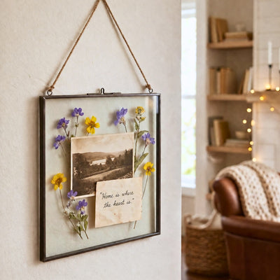 Hanging metal double glass frame holding a landscape photo and pressed flowers - thumbnail number 8