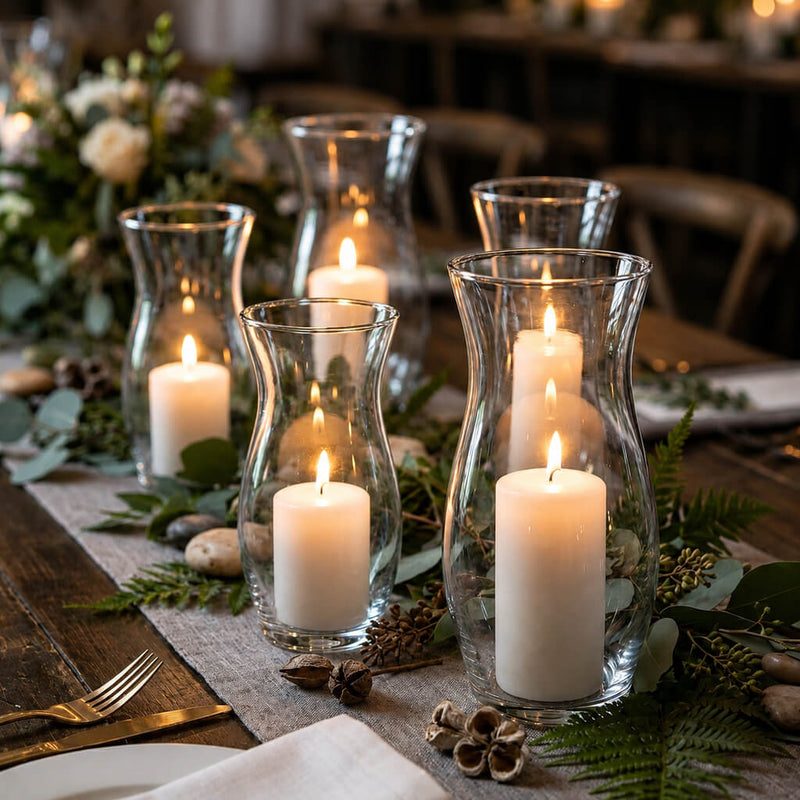 Lit pillar candles in hurricane vases on a rustic table with greenery and ferns - thumbnail number 6