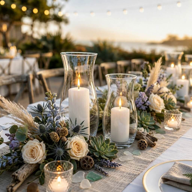 Lit candles in hurricane vases on a coastal tablescape with roses and succulents - thumbnail number 7