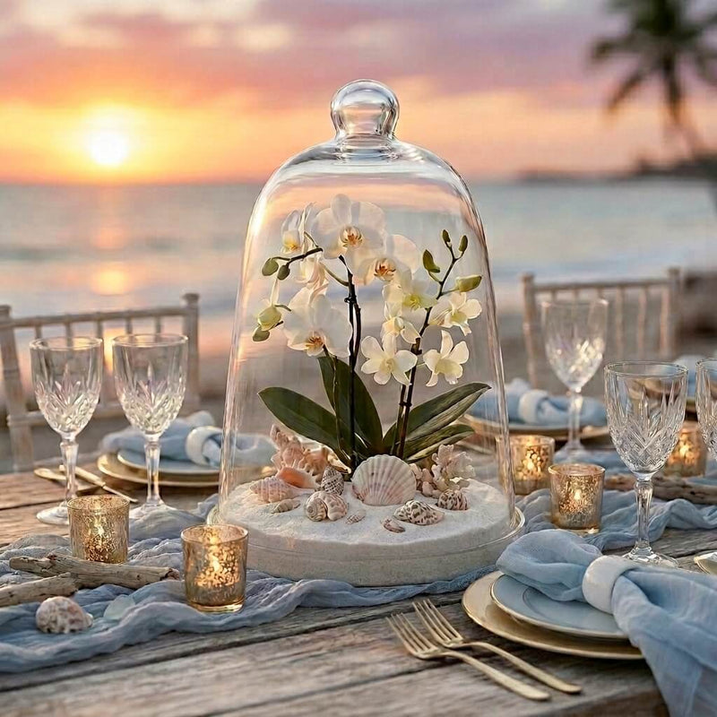 11.5" glass bell jar with white orchids and shells on a table with a beach view - thumbnail number 2