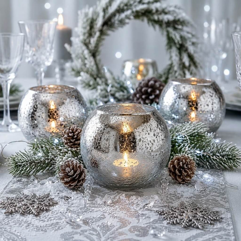 Winter scene with a Mercury Glass Silver Ivy Bowl, pinecones, and frosted greenery - thumbnail number 4