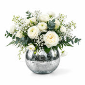 White rose and ranunculus bouquet in a Mercury Glass Silver Ivy Bowl on a white background - thumbnail number 3
