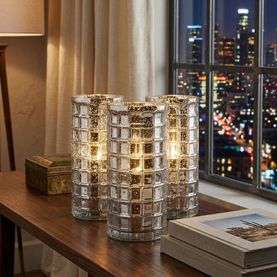 Silver Mercury Mosaic Cylinder 10" - Vase & Candle Holder - thumbnail number 6