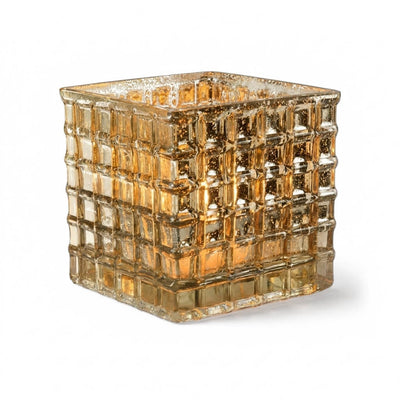 Gold Mercury Mosaic Glass Cube 6" - Square Vase & Candle Holder - thumbnail number 2