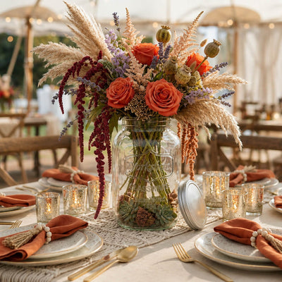 Two Gallon Yorkshire Glassware Mason Jar filled with a vibrant orange and purple floral arrangement - thumbnail number 4