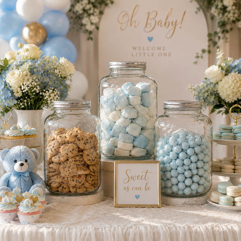Yorkshire Glassware jars filled with cookies, marshmallows, and candies at a baby shower - thumbnail number 6