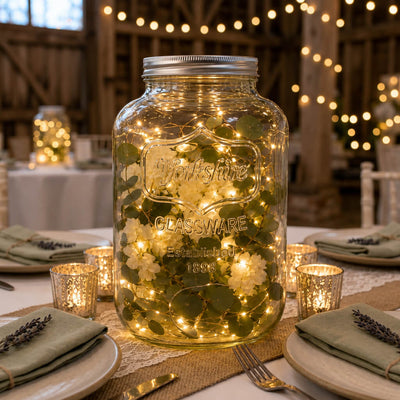 Two Gallon Yorkshire Glassware Mason Jar used as a decorative centerpiece with lights and greenery - thumbnail number 5