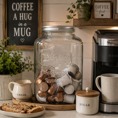 Two Gallon Yorkshire Glassware Mason Jar used as a coffee pod storage container on a kitchen counter - thumbnail number 7