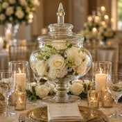 14" Glass Apothecary Jar filled with white flowers as a table centerpiece - thumbnail number 2
