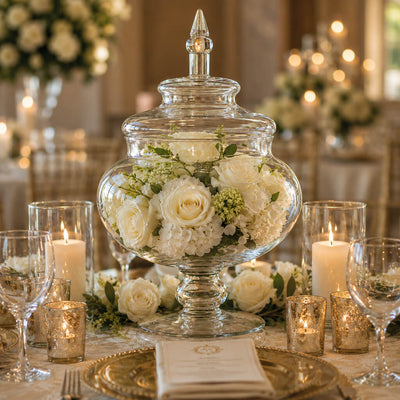 14" Glass Apothecary Jar filled with white flowers as a table centerpiece - thumbnail number 2