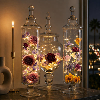 Apothecary jars filled with flowers and fairy lights - thumbnail number 5