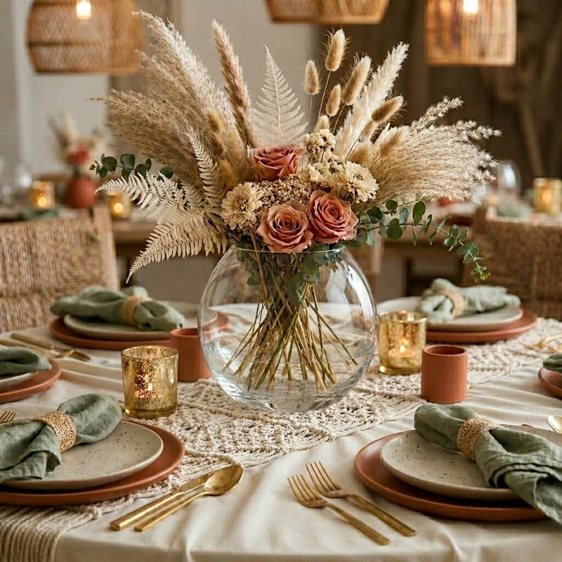 Round glass vase holding a boho-style dried floral arrangement - thumbnail number 3
