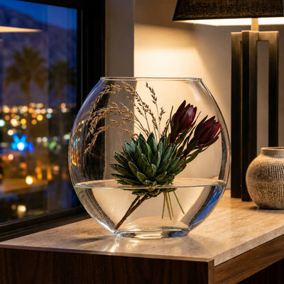 Round glass vase featuring an agave and protea display - thumbnail number 6