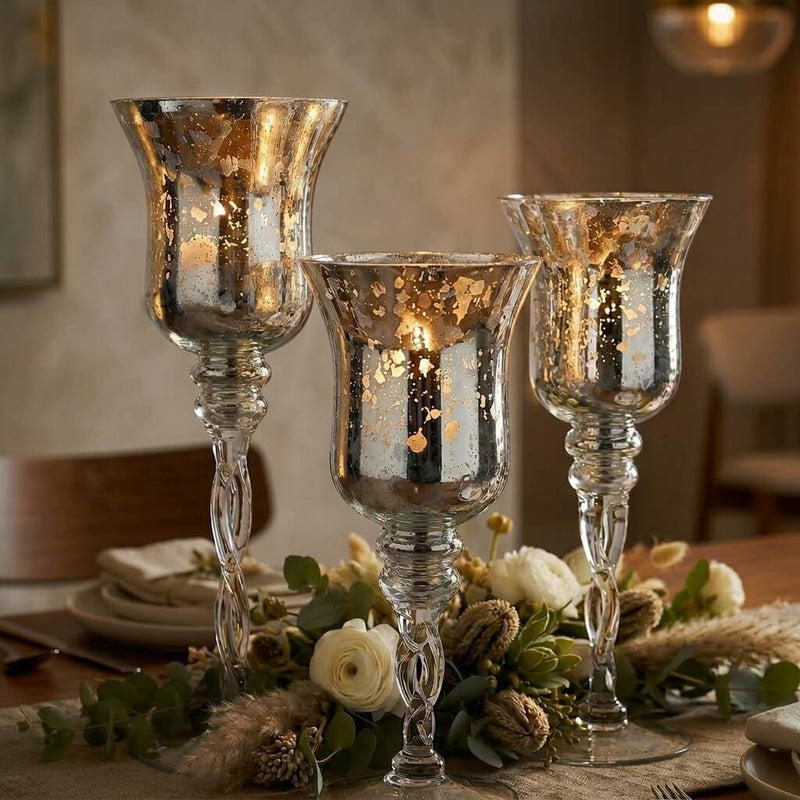 Silver Mercury Glass Pedestal Candle Holders with Twisted Stems Set of 3 - thumbnail number 5