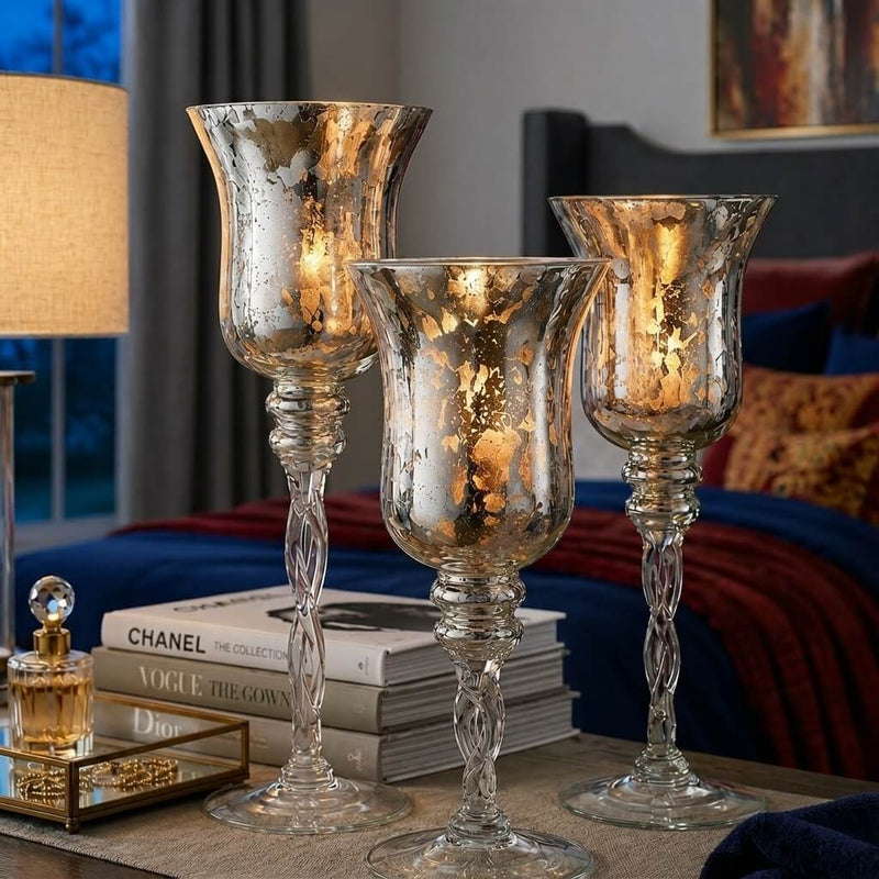 Silver Mercury Glass Pedestal Candle Holders with Twisted Stems Set of 3 - thumbnail number 7