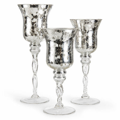 Silver Mercury Glass Pedestal Candle Holders with Twisted Stems Set of 3