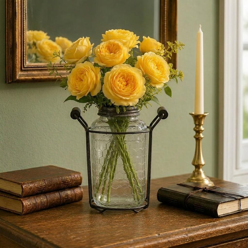 6" Glass Bottle Honeycomb with Frog Lid featuring yellow roses - thumbnail number 7