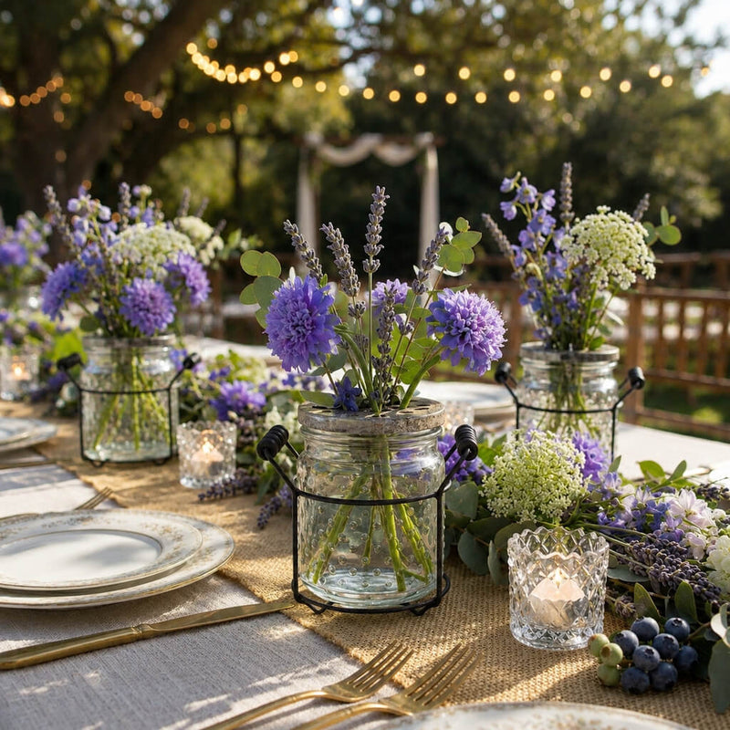 Purple flower arrangements in 5" hobnail glass jars on a rustic outdoor table - thumbnail number 4
