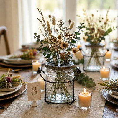 Dried botanical arrangements in 5" hobnail glass jars with wire racks on a table - thumbnail number 5