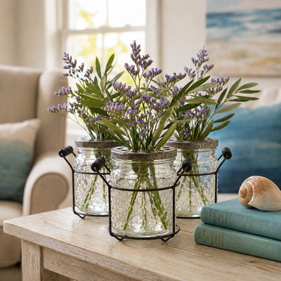 Purple floral arrangements in 5" hobnail glass jars with wire racks on a table - thumbnail number 6