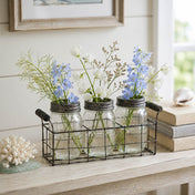 Metal Wire Basket and 3 Glass Mason Jars with Frog Lids holding blue and white flowers - thumbnail number 7