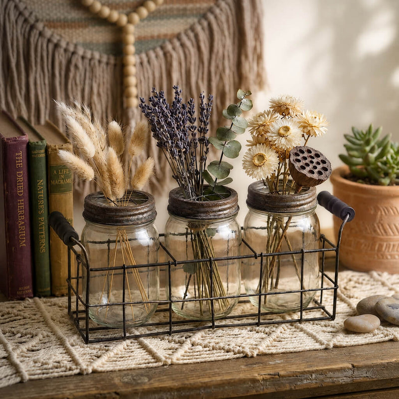 Metal Wire Basket and 3 Glass Mason Jars with Frog Lids holding dried botanicals - thumbnail number 6