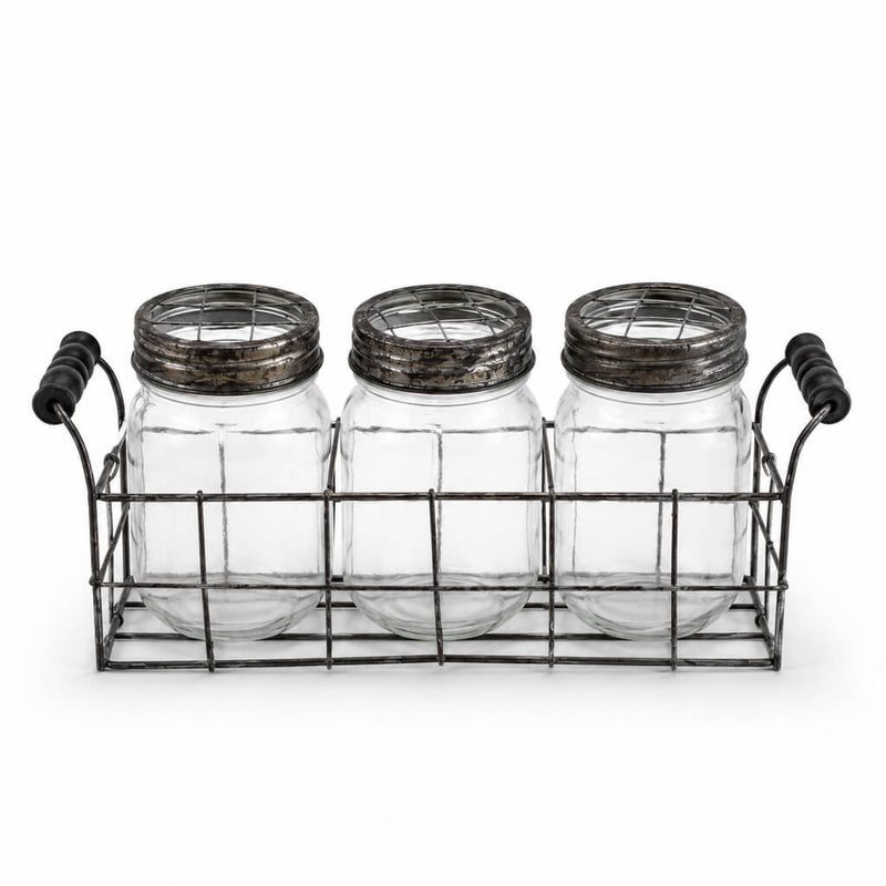Metal Wire Basket and 3 Glass Mason Jars with Frog Lids - thumbnail number 1
