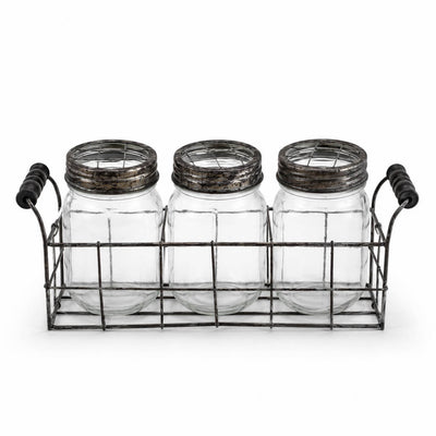 Metal Wire Basket and 3 Glass Mason Jars with Frog Lids