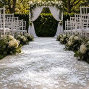 White wedding aisle scattered with eco-friendly confetti, chairs, and floral arrangements - thumbnail number 5