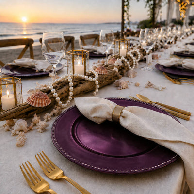 Eggplant 13" beaded charger plate on an oceanfront table setting - thumbnail number 3