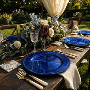 13-inch royal blue beaded charger plate on an outdoor garden wedding table - thumbnail number 3