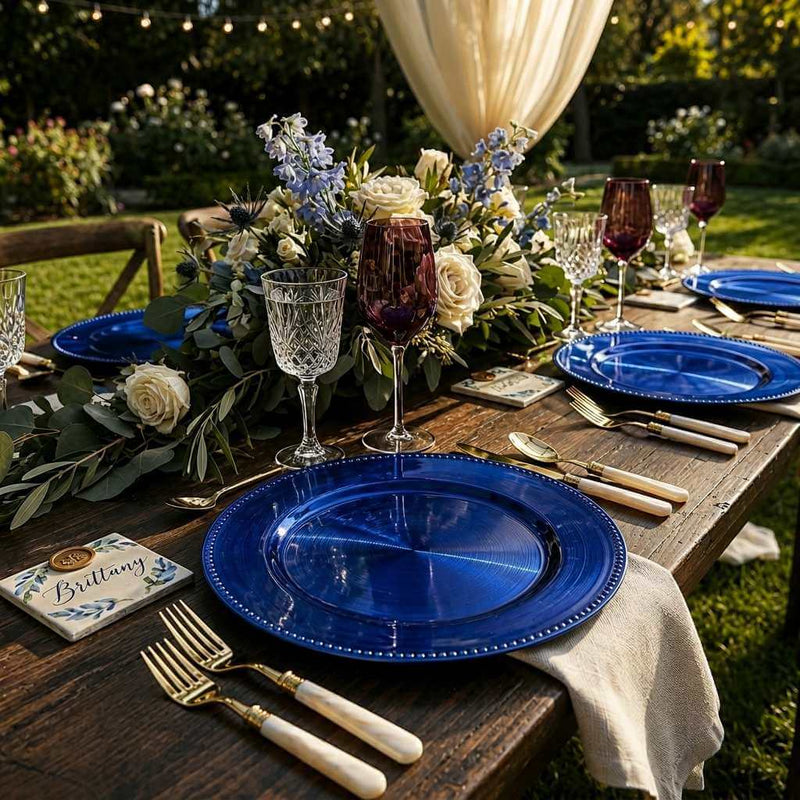 13-inch royal blue beaded charger plate on an outdoor garden wedding table - thumbnail number 3