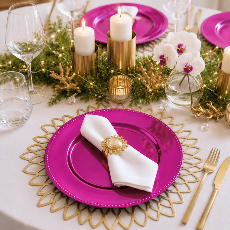 13-inch fuchsia beaded charger plate on a festive holiday table setting - thumbnail number 3