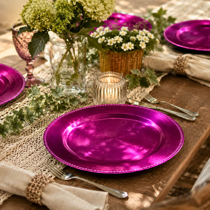 Metallic fuchsia beaded charger plate on a rustic dining table with floral decor - thumbnail number 5