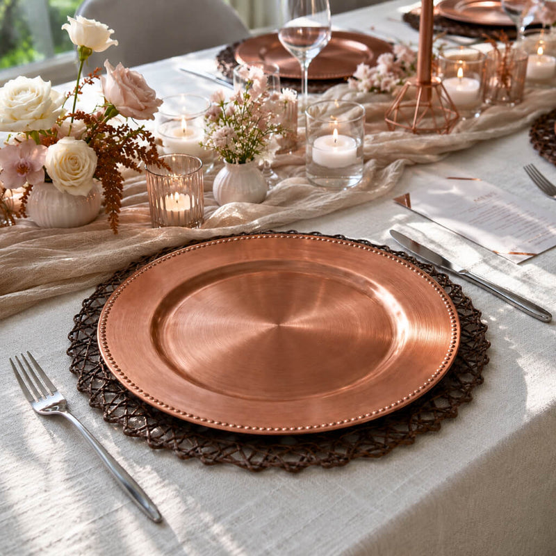 13-inch copper beaded charger plate on a woven mat with elegant wedding table decor - thumbnail number 4