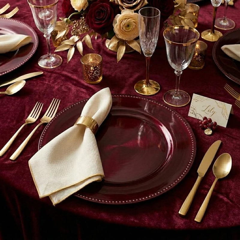 13" beaded burgundy charger plate in a festive setting - thumbnail number 2
