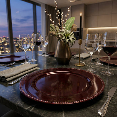 13" beaded burgundy charger plate in a luxury city setting - thumbnail number 5