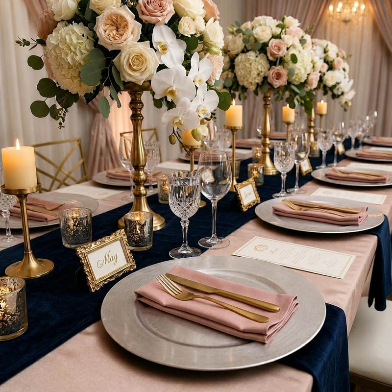 13 inch silver plain charger plate on a formal dining table with floral centerpiece - thumbnail number 2