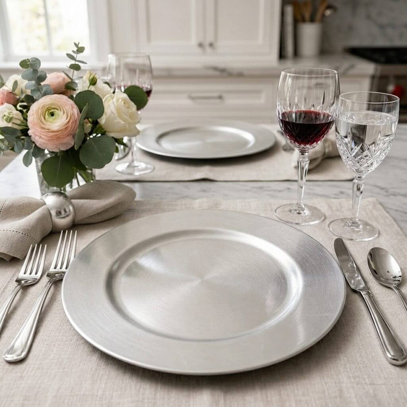 13 inch silver plain charger plate with floral centerpiece - thumbnail number 8