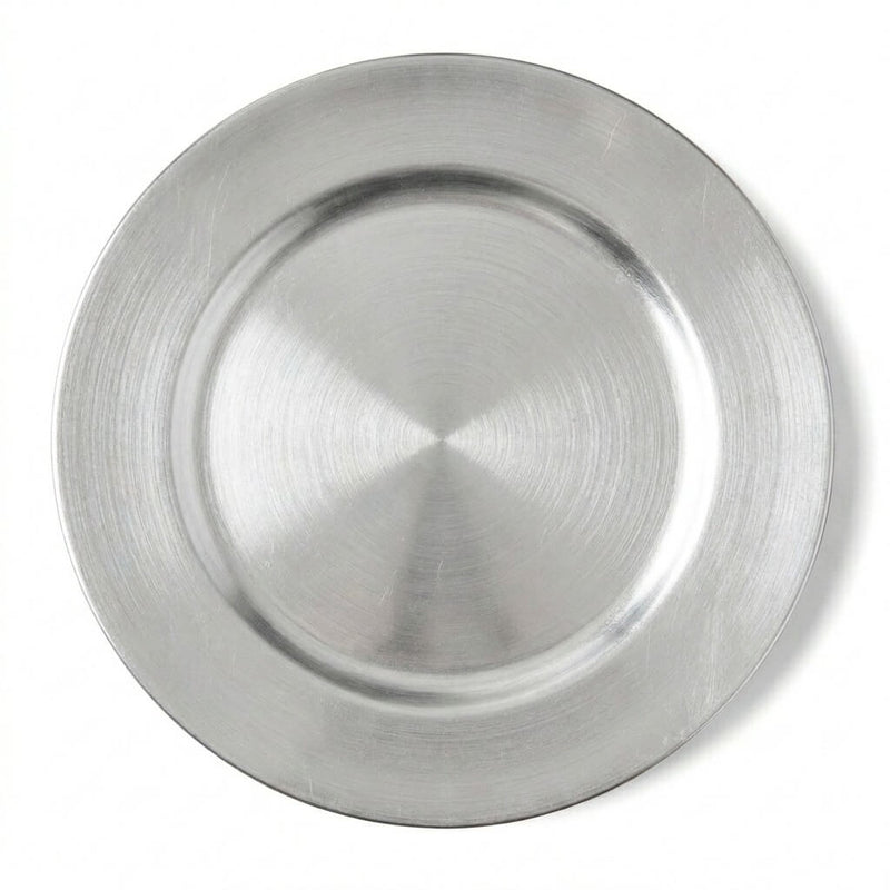 13 inch silver plain charger plate on a white backdrop - thumbnail number 1
