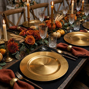 13 inch plain gold charger plate on a black placemat at a formal autumn table - thumbnail number 4