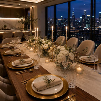 13 inch plain gold charger plate on a formal dinner table with a city skyline view - thumbnail number 3